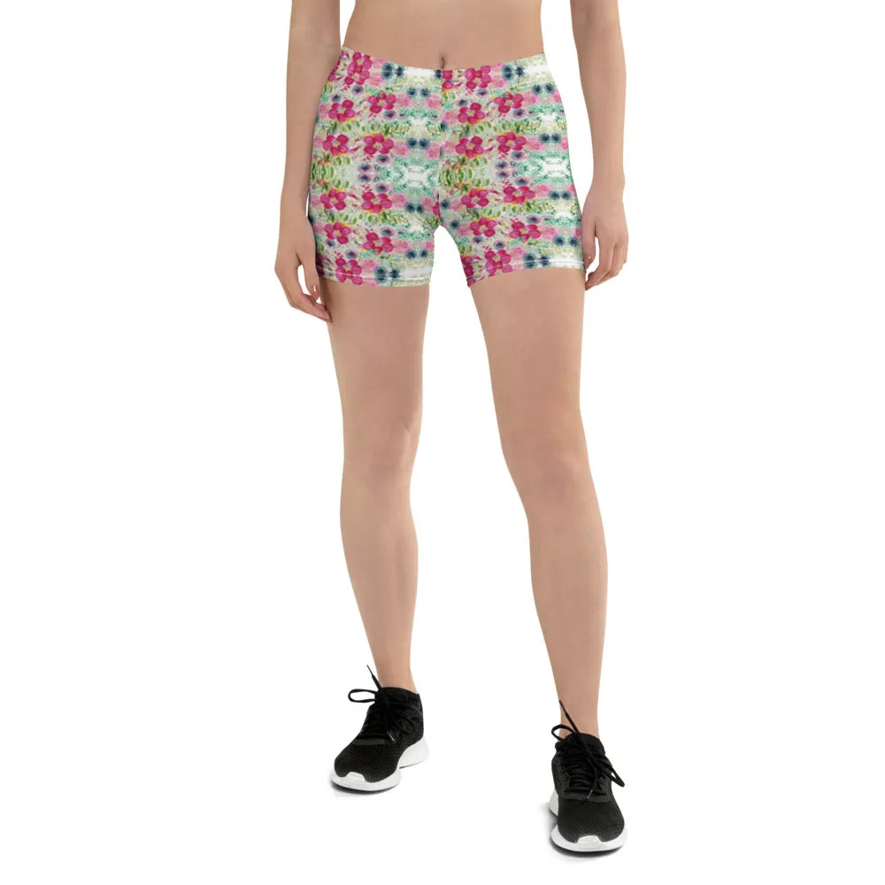 Floral Print Women's Shorts, Red Pink Flower Garden Ladies' Gym Tights-Made in USA/EU/MX