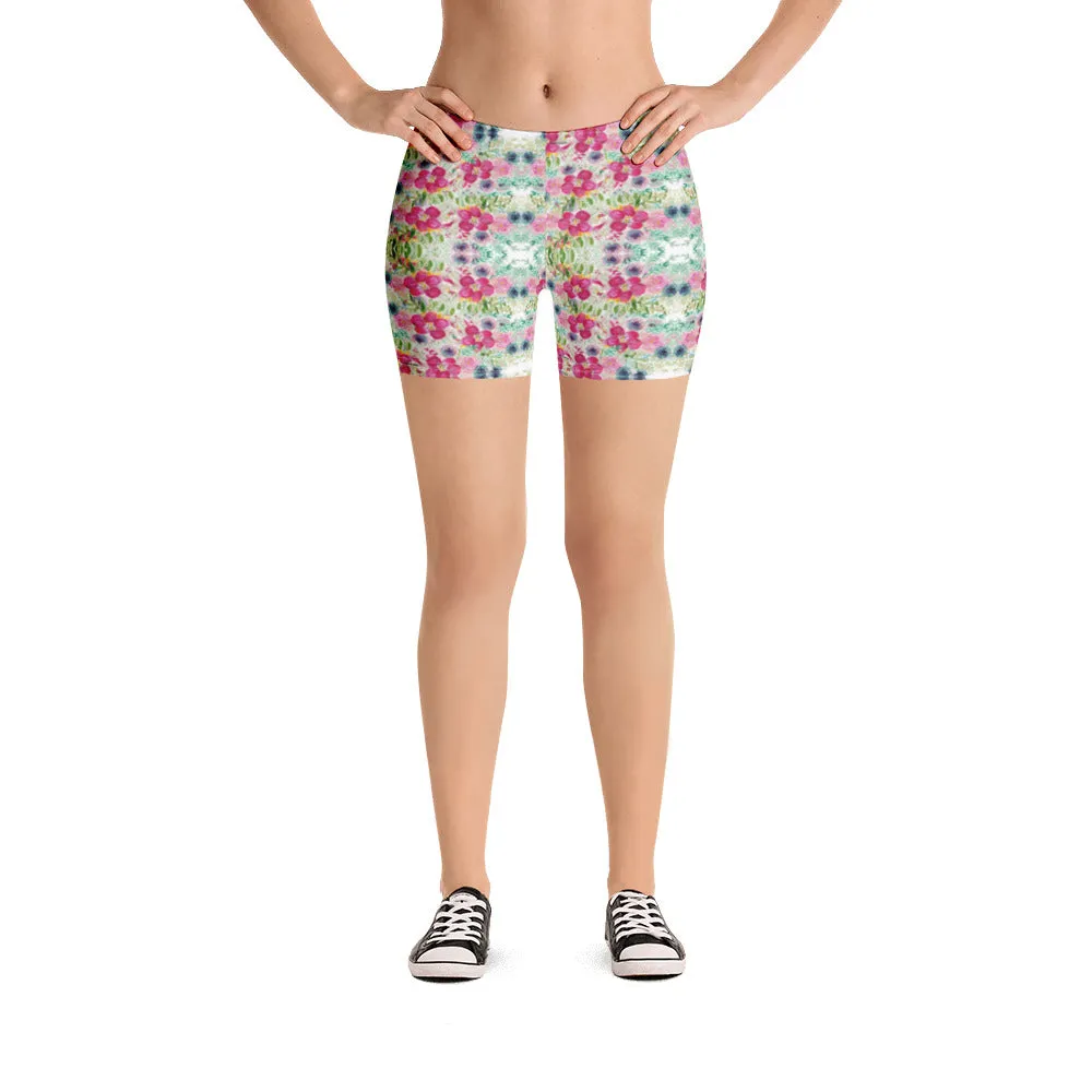 Floral Print Women's Shorts, Red Pink Flower Garden Ladies' Gym Tights-Made in USA/EU/MX