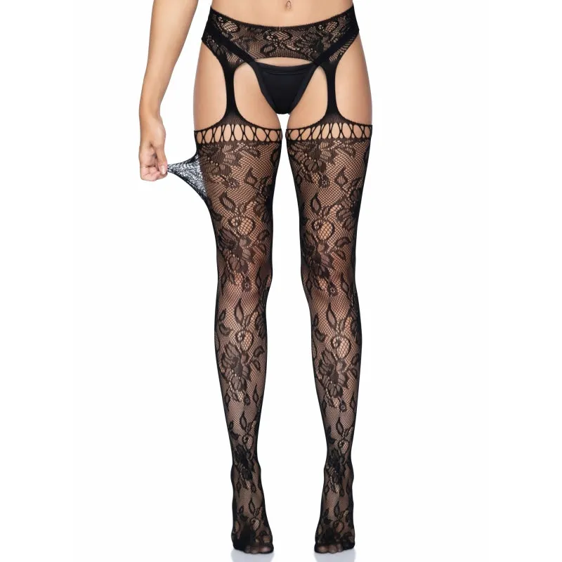 Gardenia Lace Garter Belt Stockings - One Size -  One Size - Black