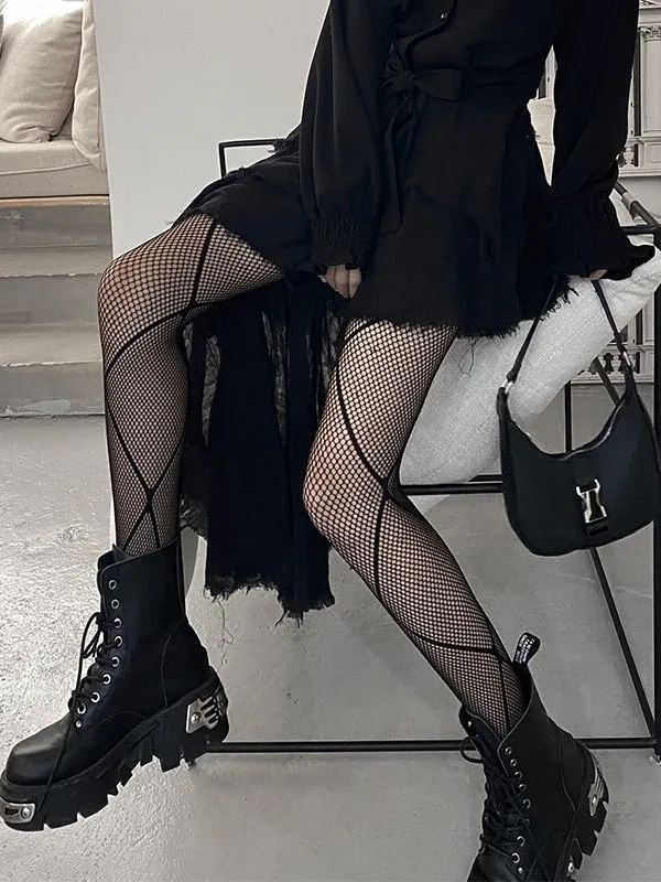 Geometry crossover fishnet tights