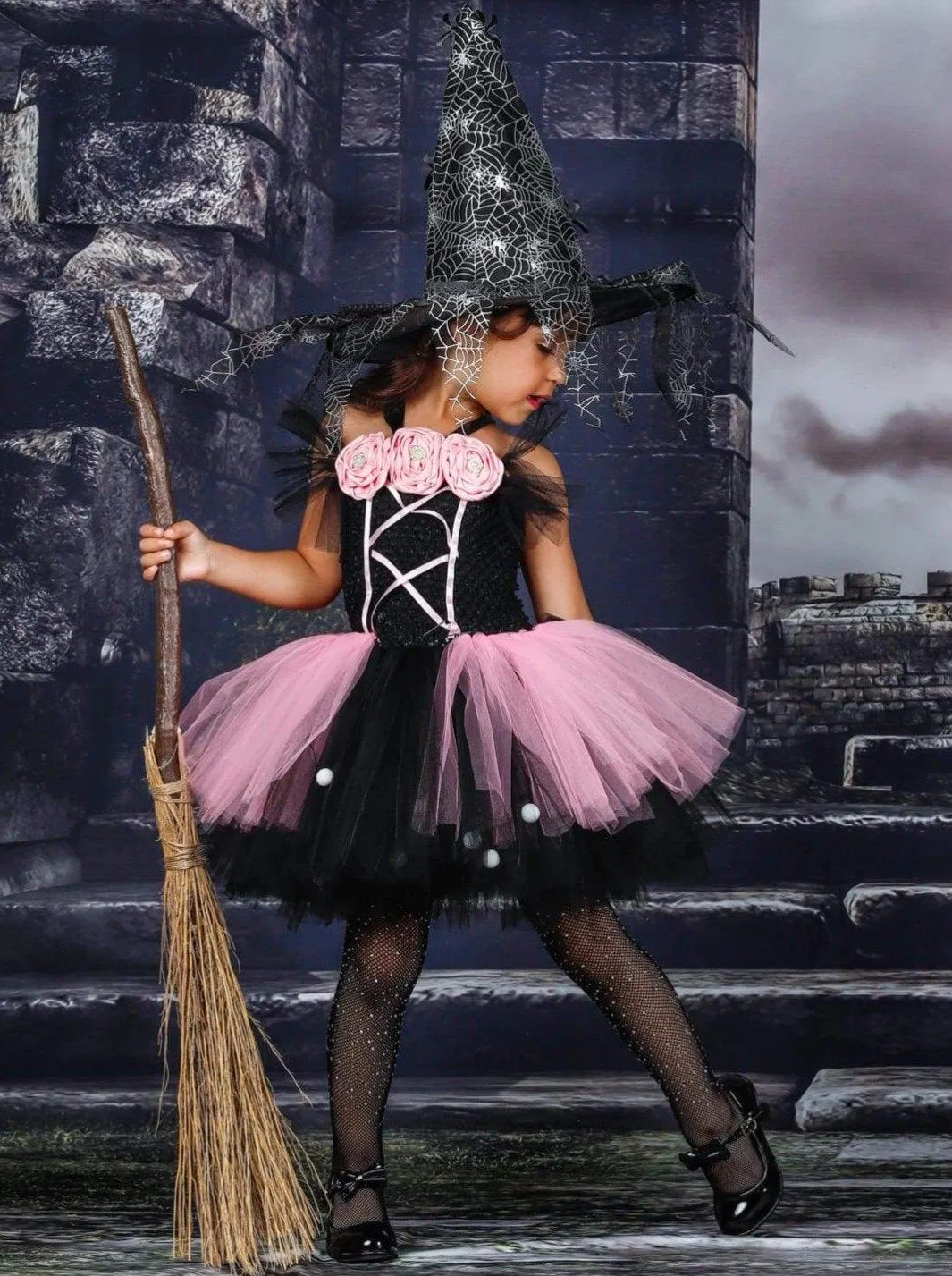 Girls Black & Pink Flower Applique Witch Tutu Halloween Dress