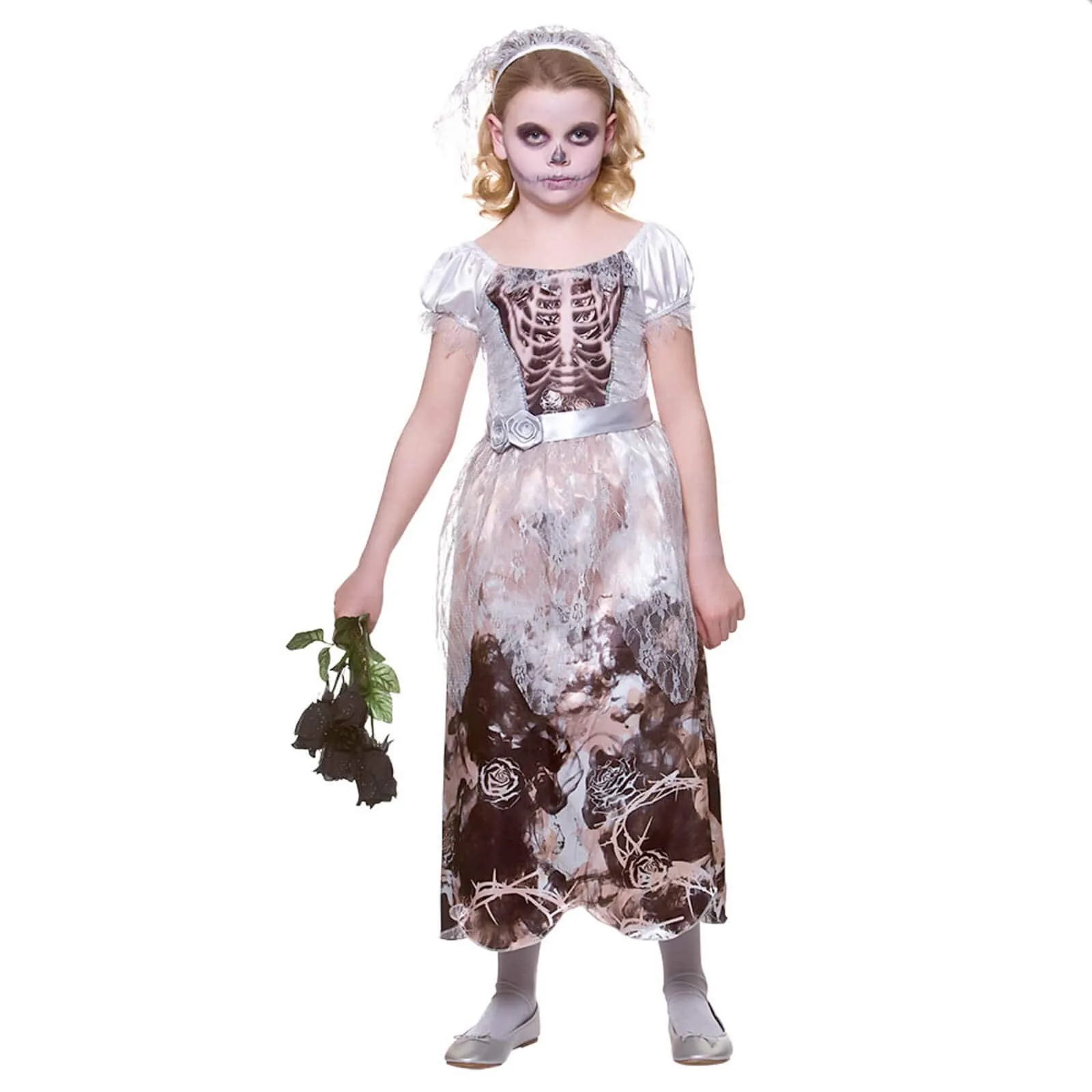 Girls Skeleton Bride Costume Dress Veil Silver Rose Belt