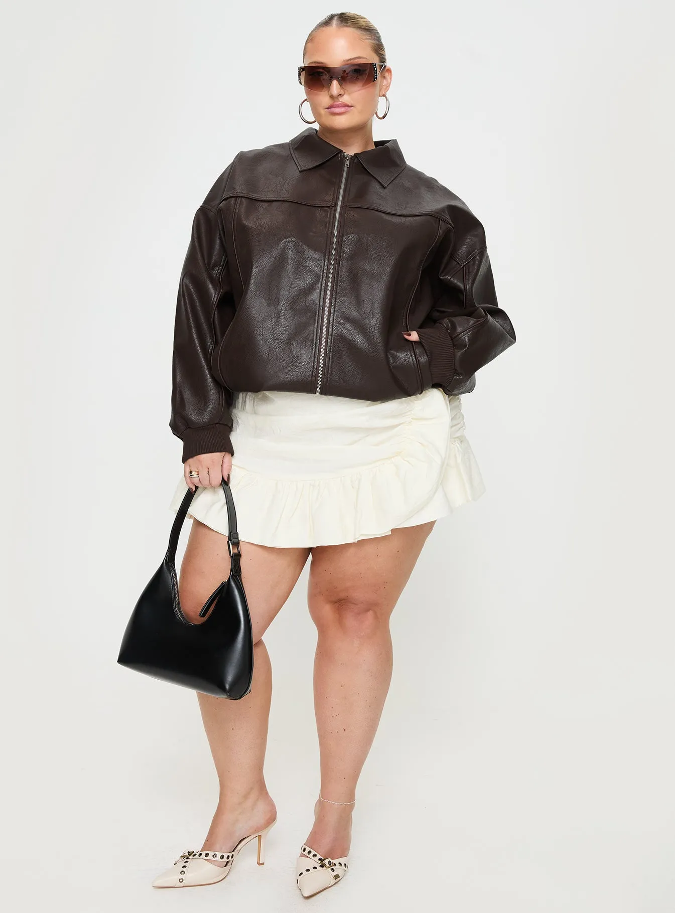 Goldsmith Faux Leather Bomber Jacket Brown Curve