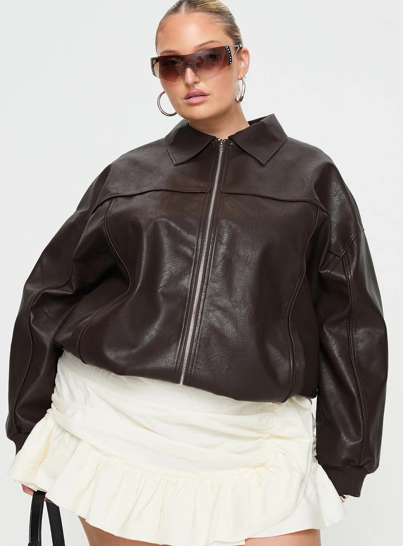 Goldsmith Faux Leather Bomber Jacket Brown Curve