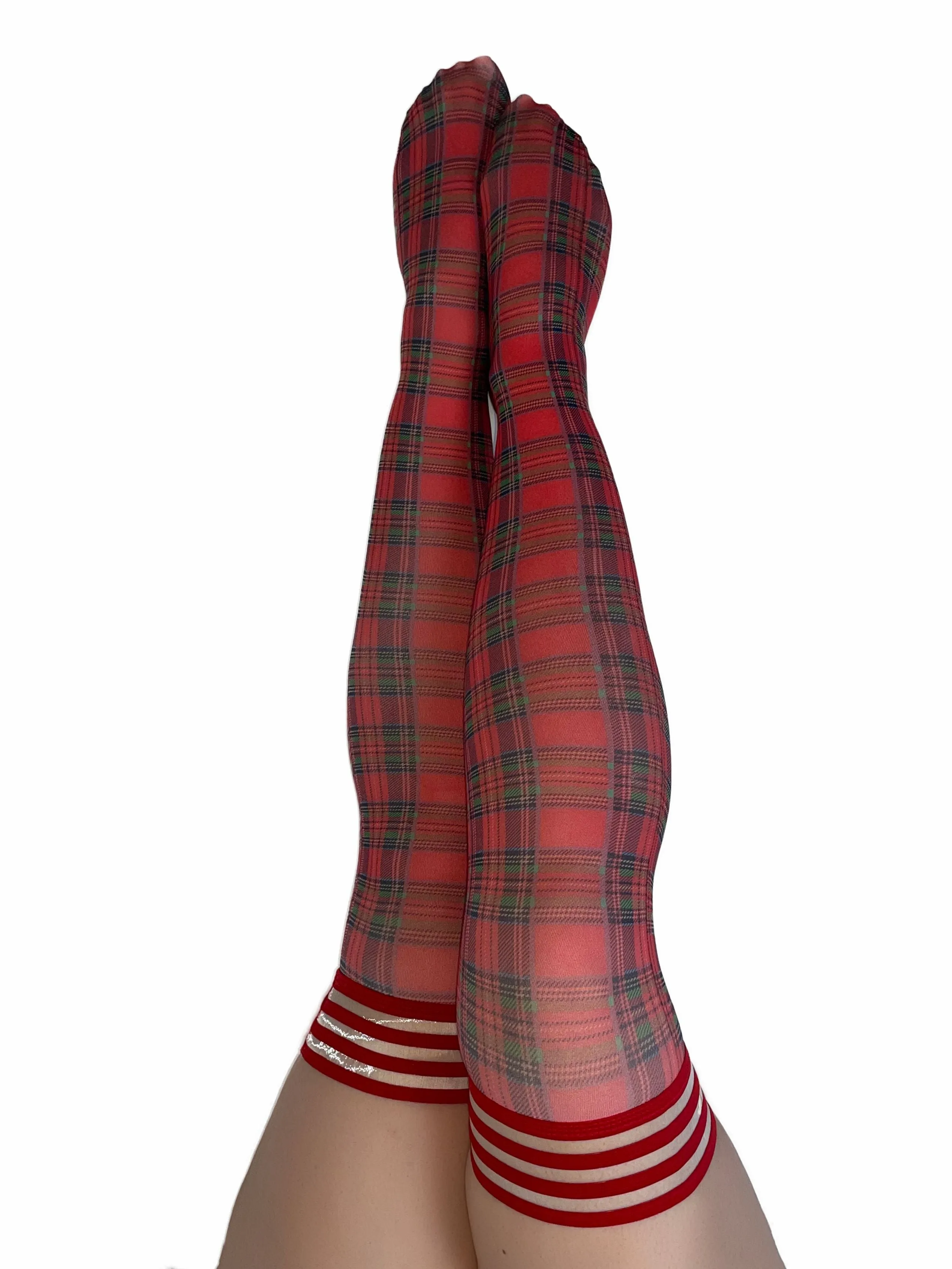 Grace: Red Plaid Thigh Highs. Petite to Plus Size