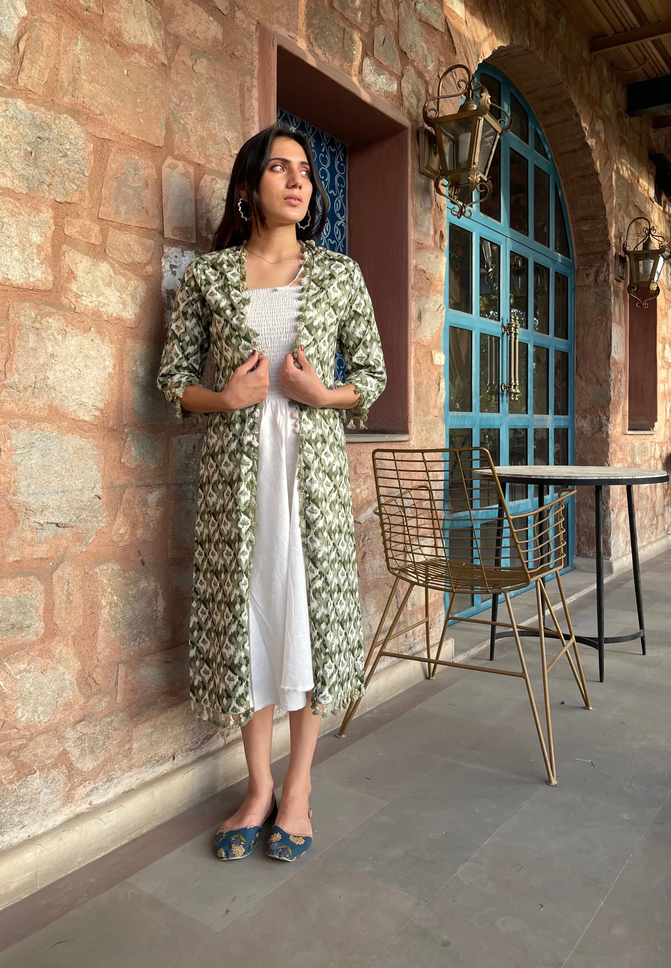 Green And White Maxi Dress Jacket