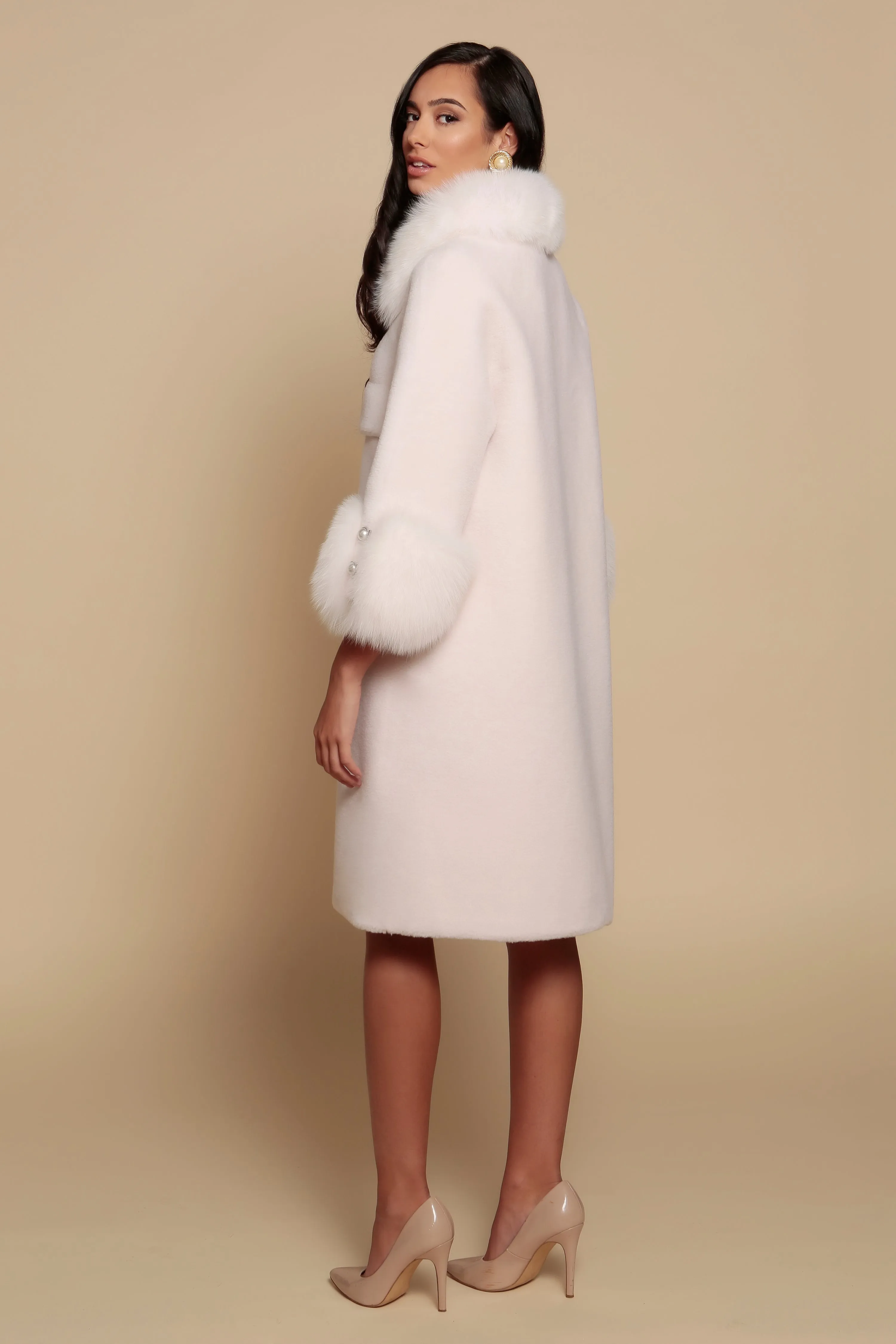 'Hayworth' Wool and Faux Fur Coat in Bianco