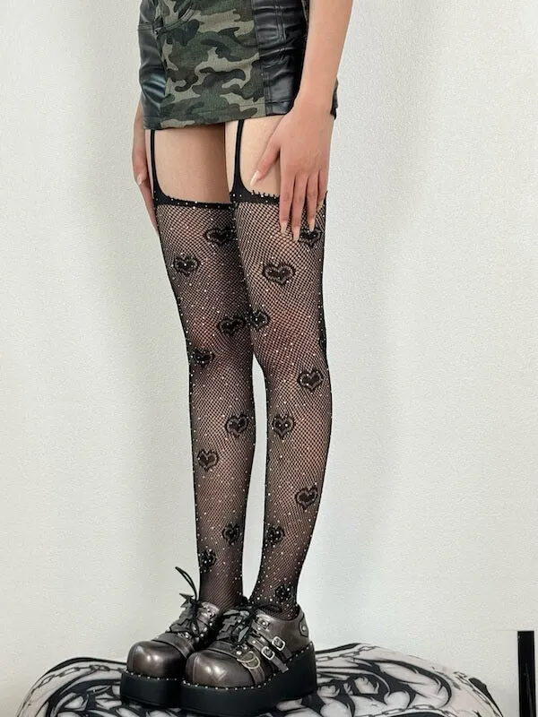 Heart rhinestone suspenders fishnet tights