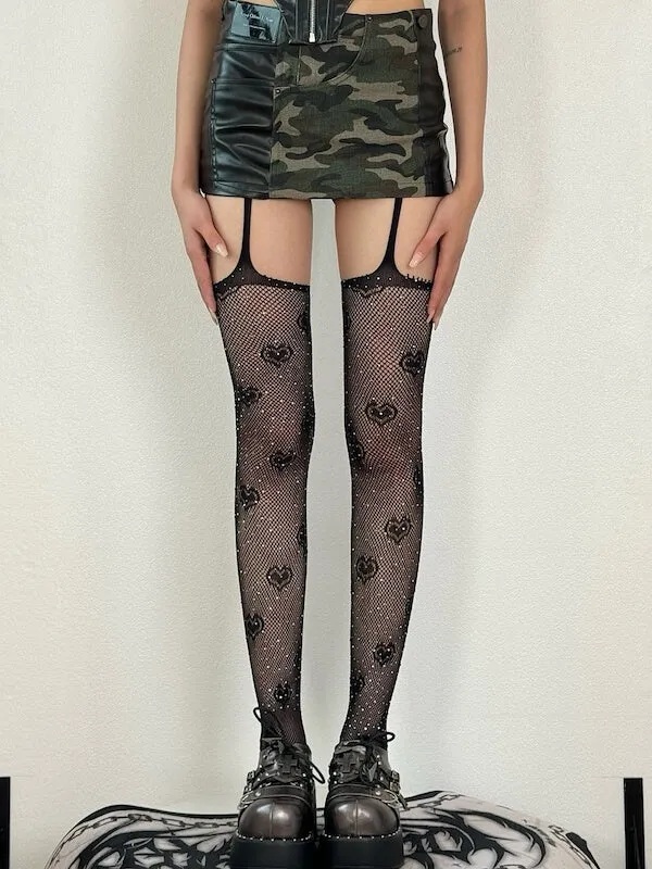 Heart rhinestone suspenders fishnet tights