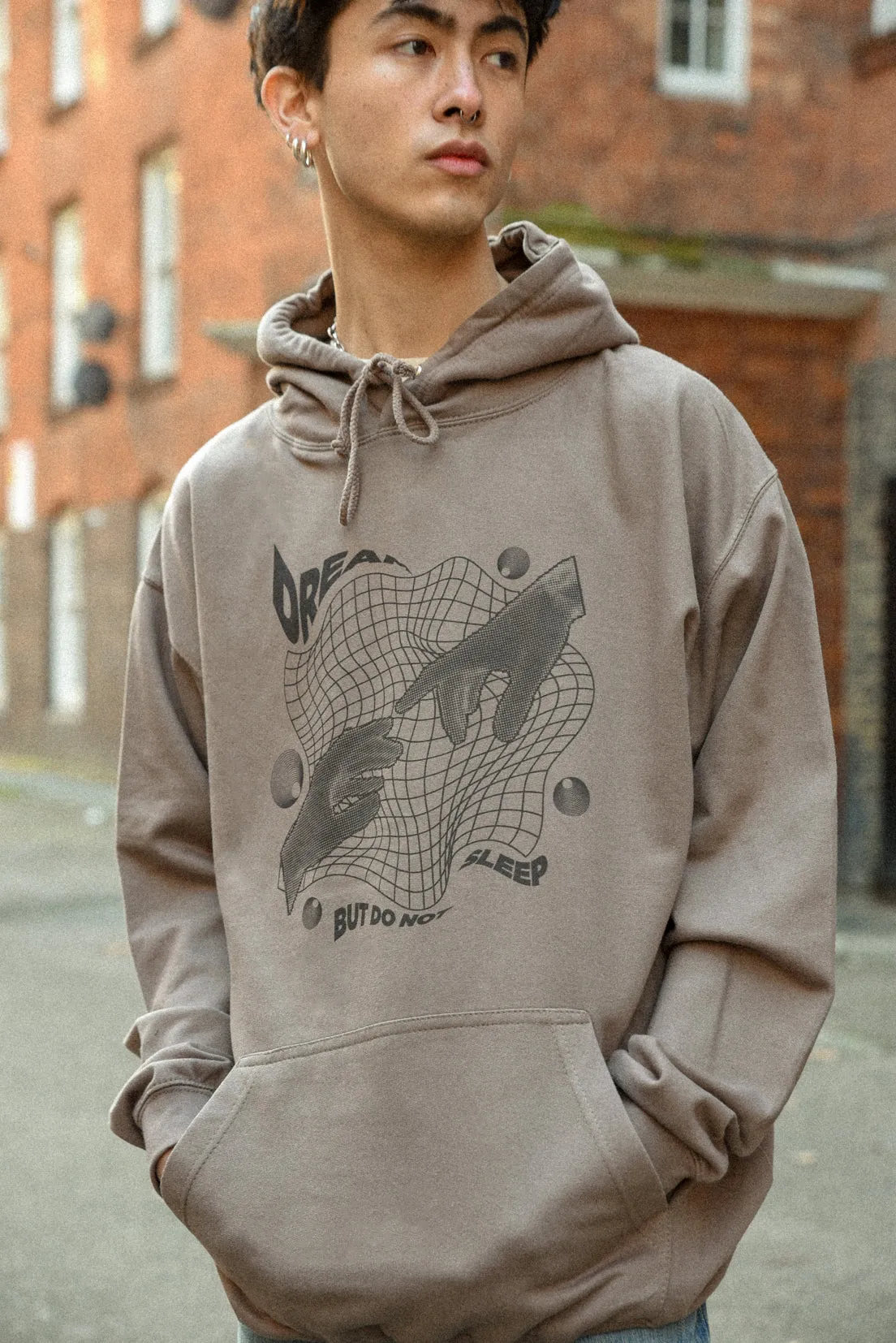 Hoodie in Mocha with Sci Fi Rave Hands Print