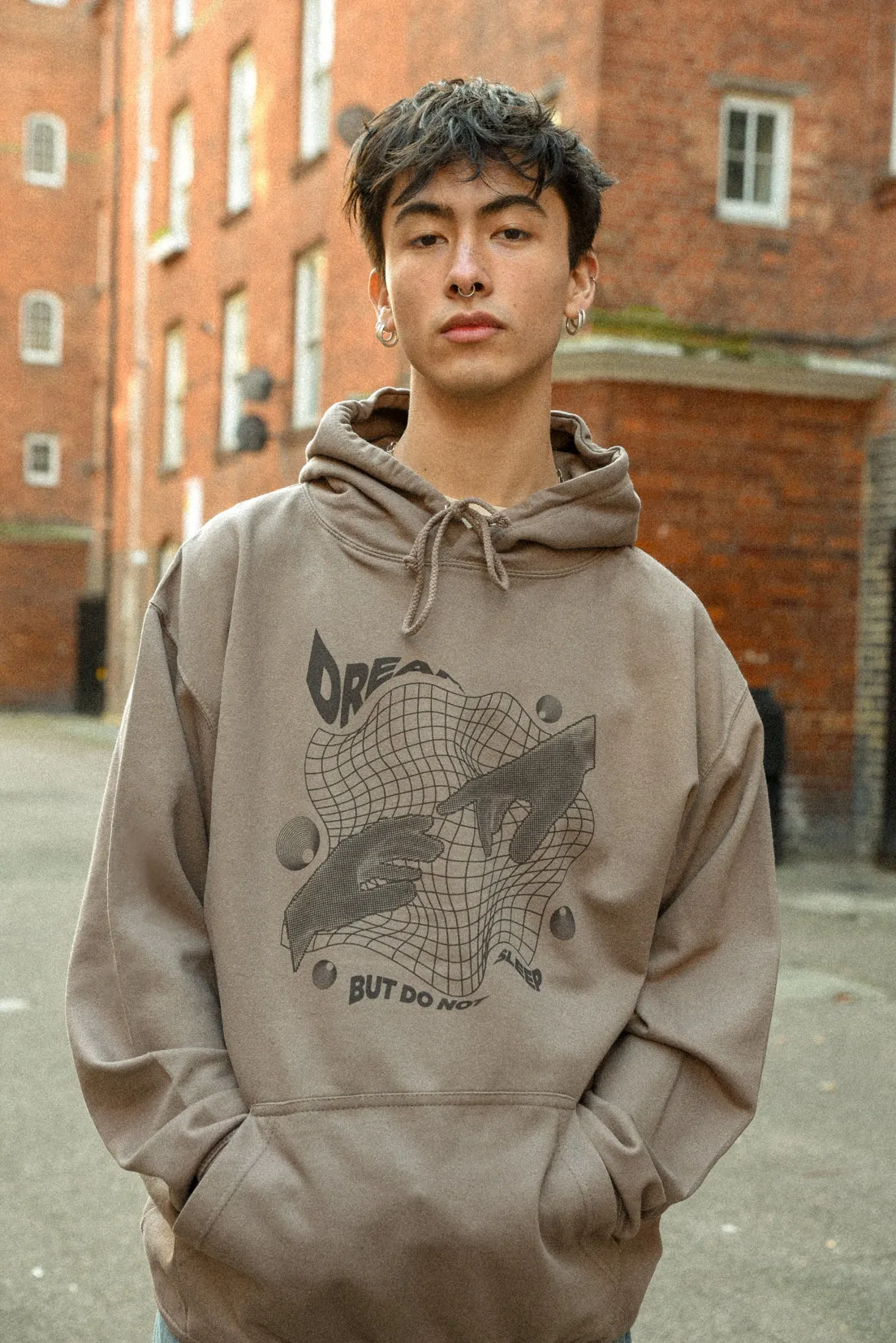 Hoodie in Mocha with Sci Fi Rave Hands Print