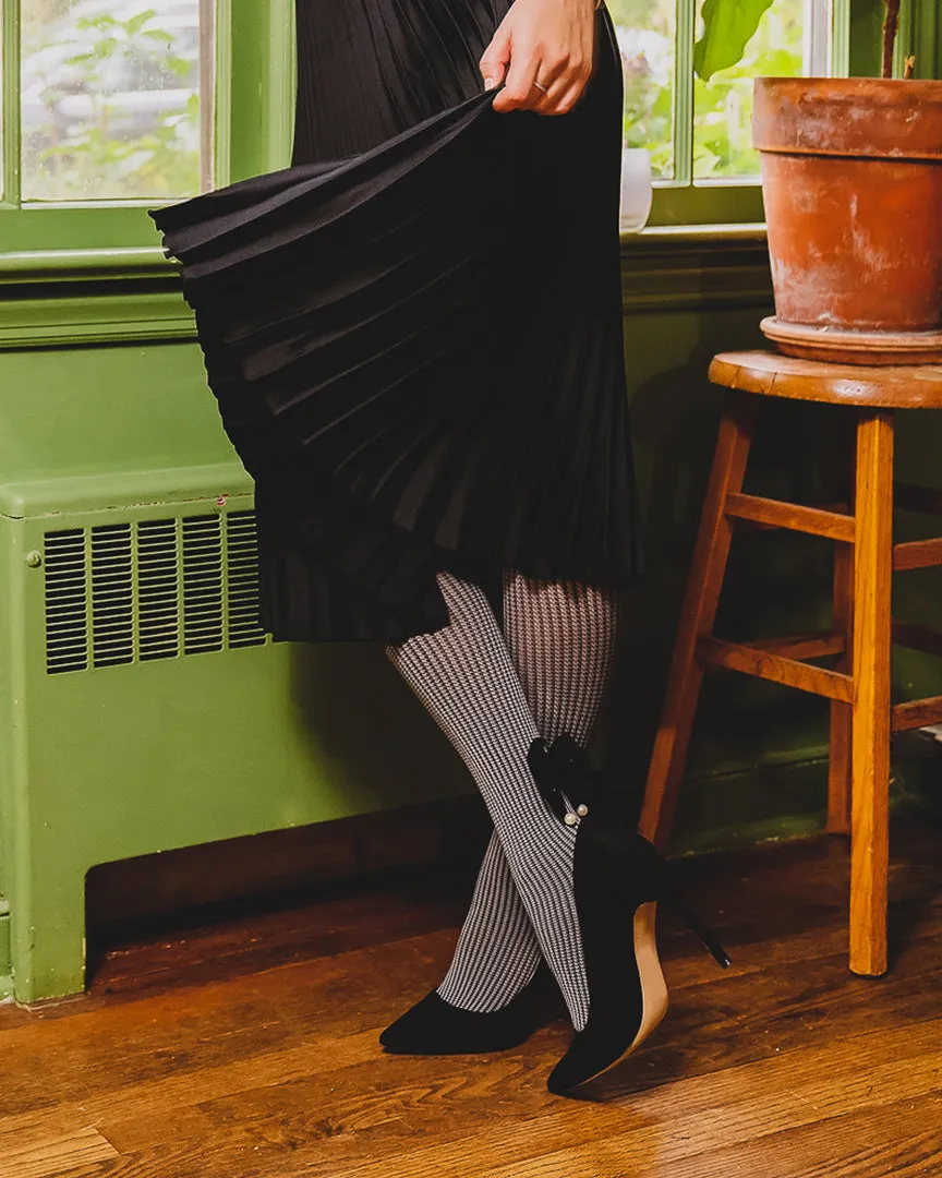 Houndstooth Pearl Bow Opaque Tights