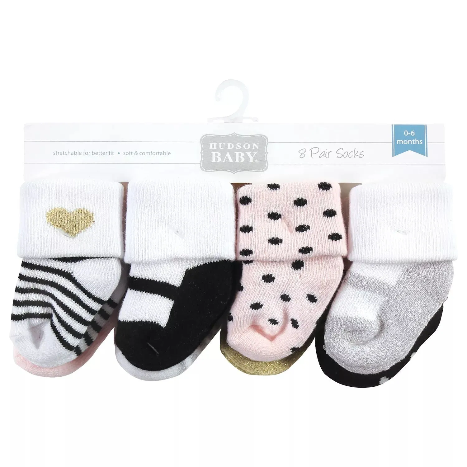 Hudson Baby Infant Girls Newborn Cotton Socks and Terry Socks, Silver gold, pink Hudson Baby