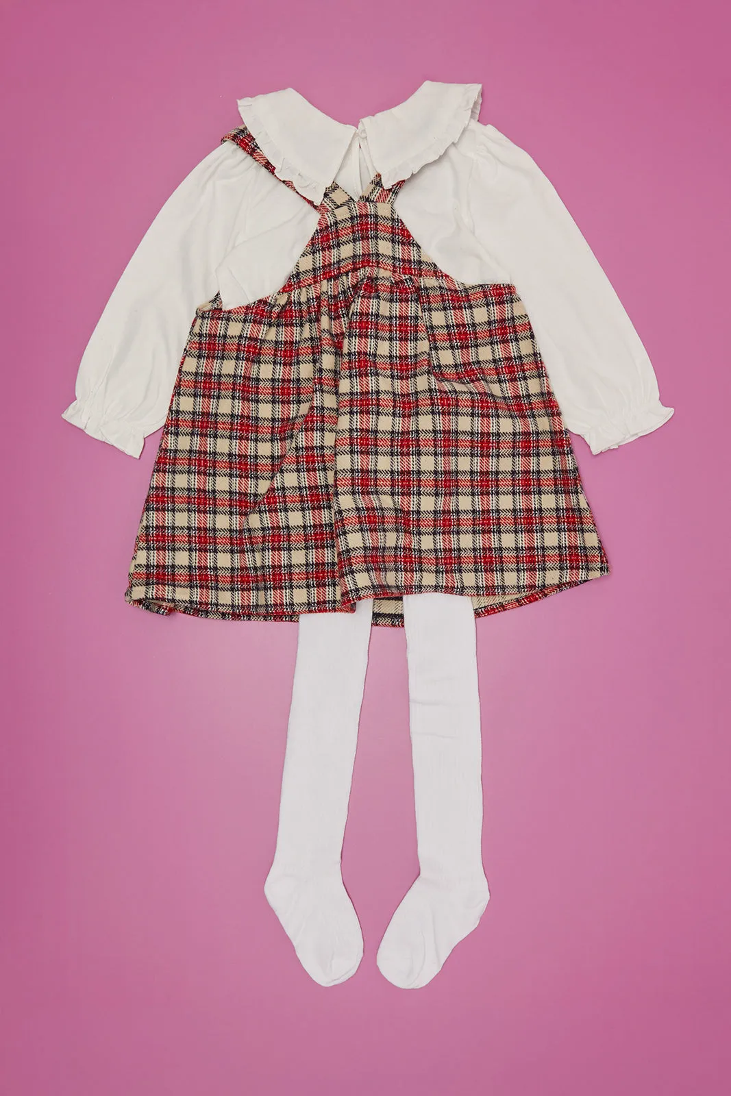 Infant Girls White And Red Checkered Dress With Tights Set (3 Piece)