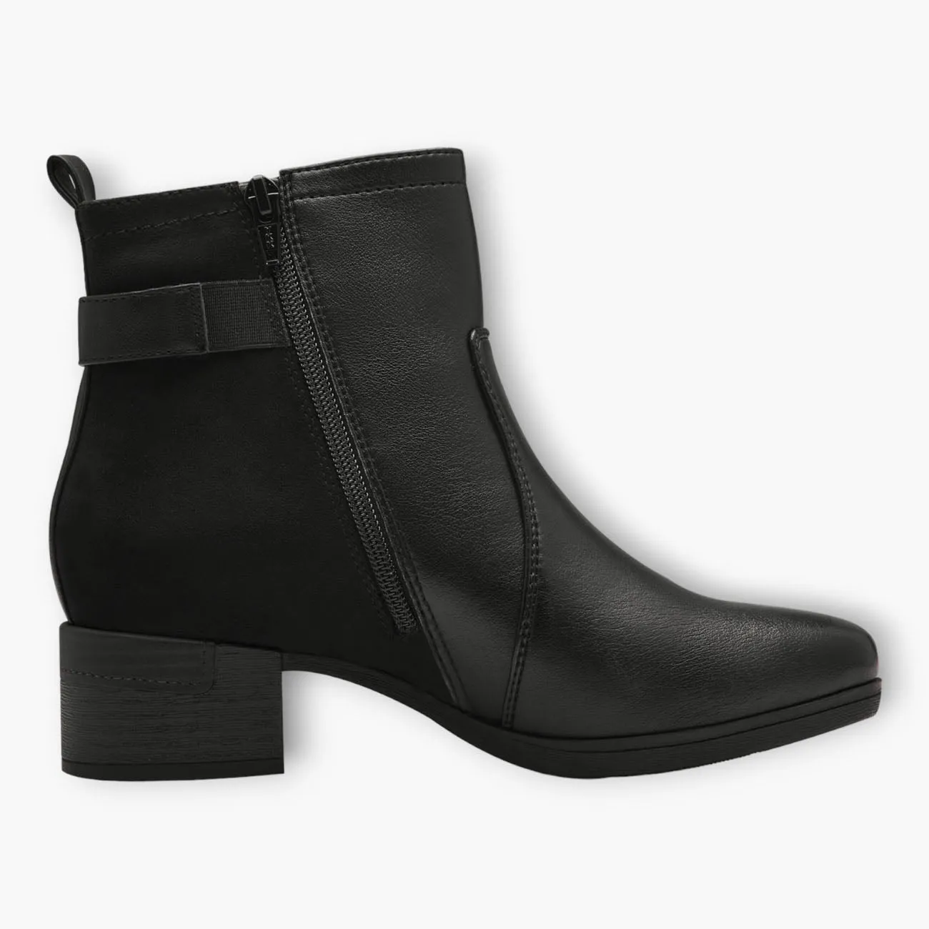 Jana Black Vegan Ankle Boots with Block Heel and Silver Buckle Detail