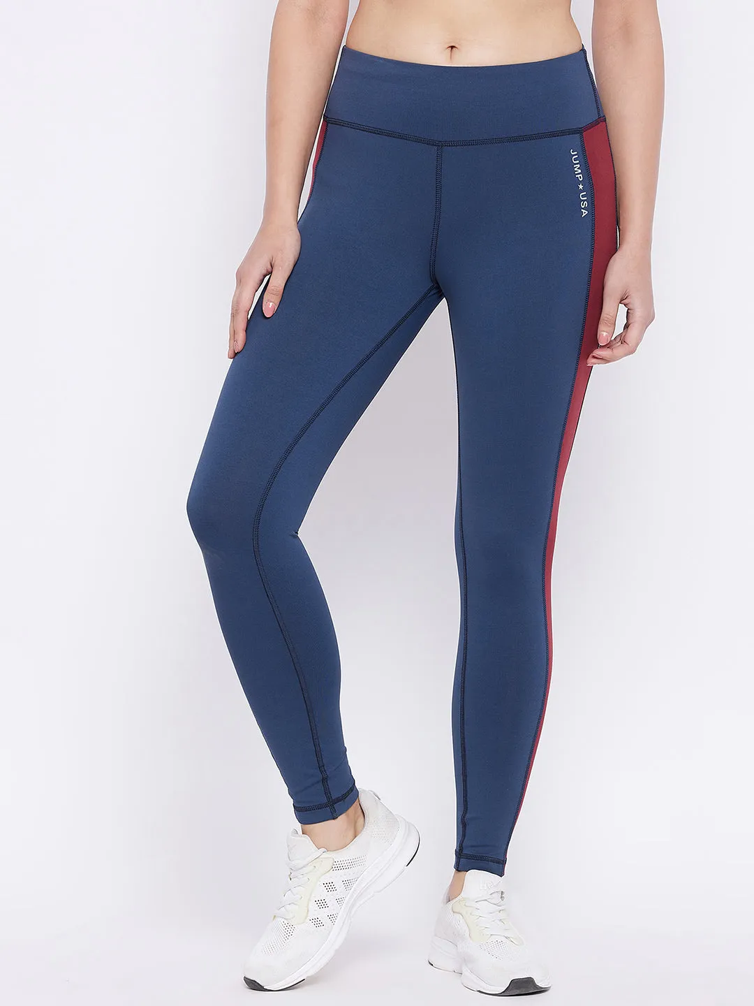 JUMP USA Women Blue Red Solid Rapid Dry Activewear Tights