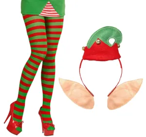 Ladies Christmas Red Green Elf Stripy Tights and Headband with Ears - Xmas Fancy Dress 2 Pc Set