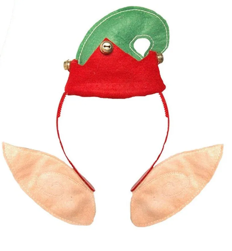 Ladies Christmas Red Green Elf Stripy Tights and Headband with Ears - Xmas Fancy Dress 2 Pc Set