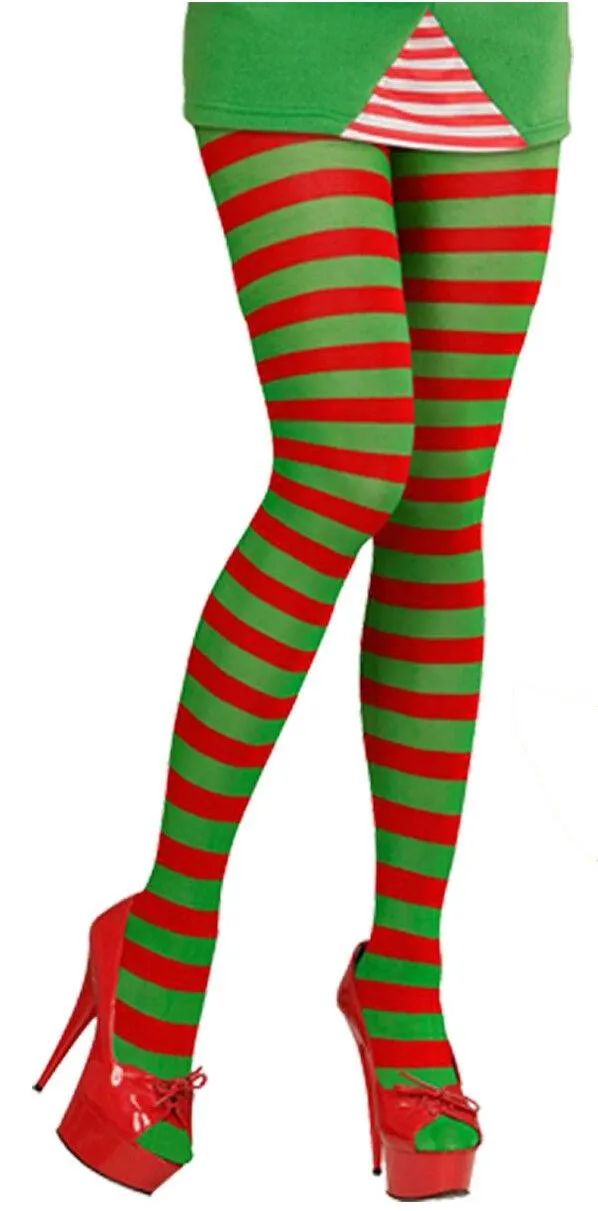 Ladies Christmas Red Green Elf Stripy Tights and Headband with Ears - Xmas Fancy Dress 2 Pc Set