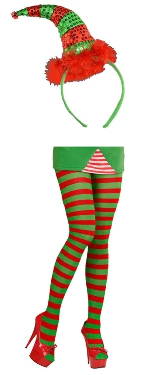 Ladies Elf Santa Helper Red Green Striped Tights Sequin Headband Fancy Dress