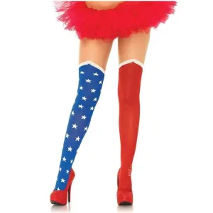 Leg Avenue Hero Opaque Tights with Sheer Thigh OS Blue/Red