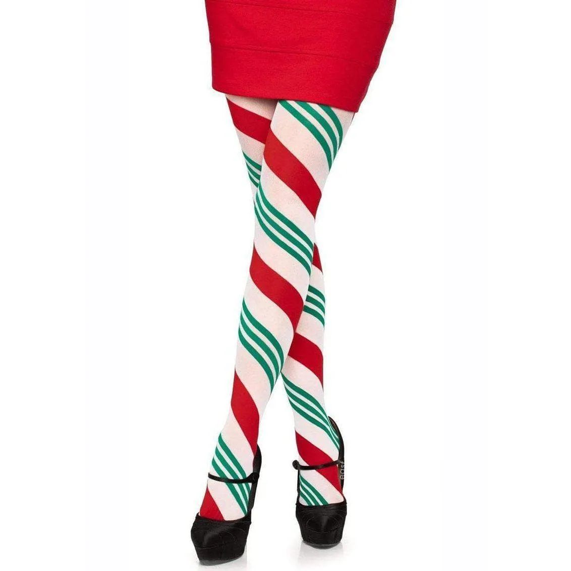 Leg Avenue Holiday Ribbon Striped Tights - O/S - Green/Red