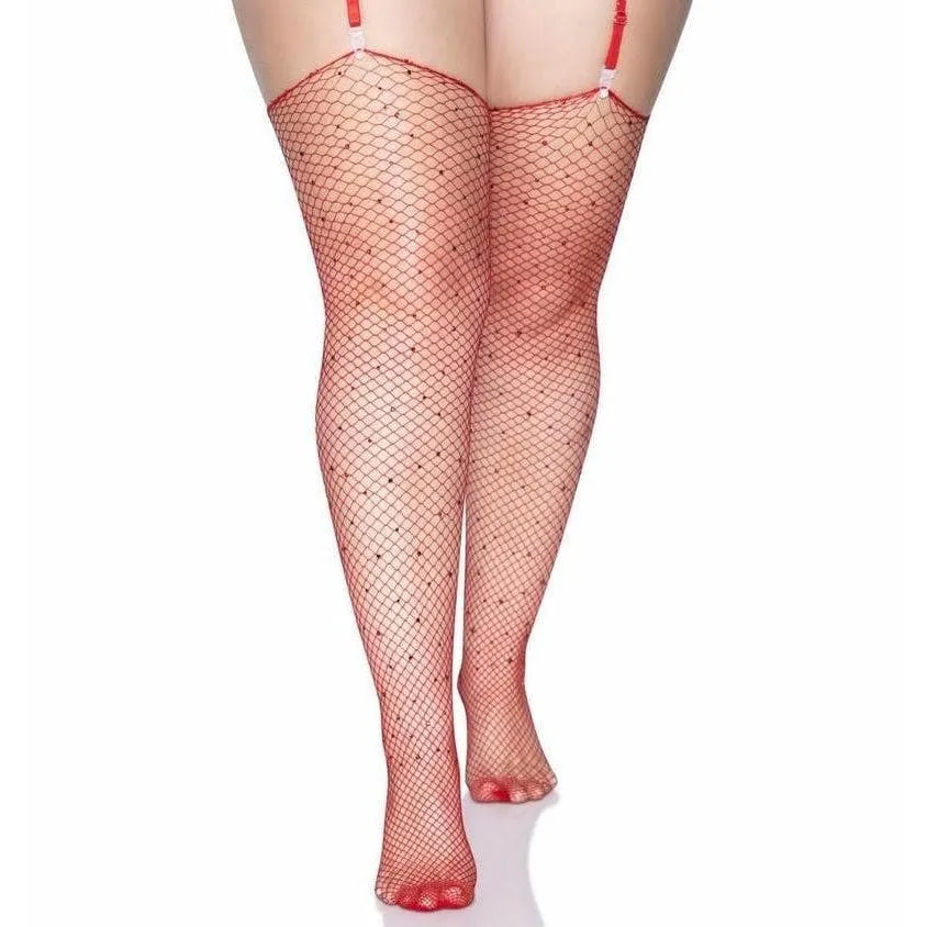 Leg Avenue Rhinestone Fishnet Stockings Red