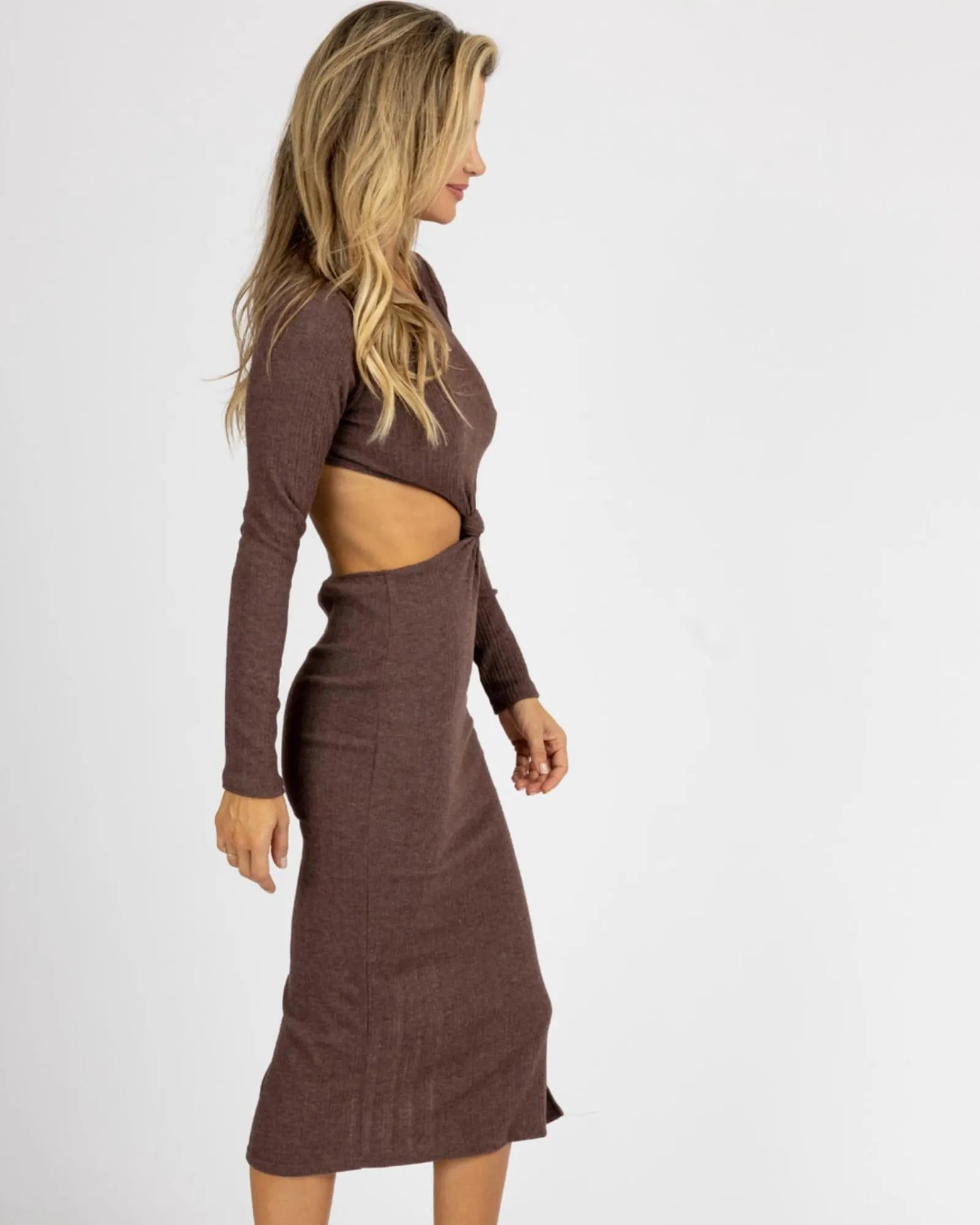 Long Sleeve Front Twist Midi Dress In Chocolate | Chocolate