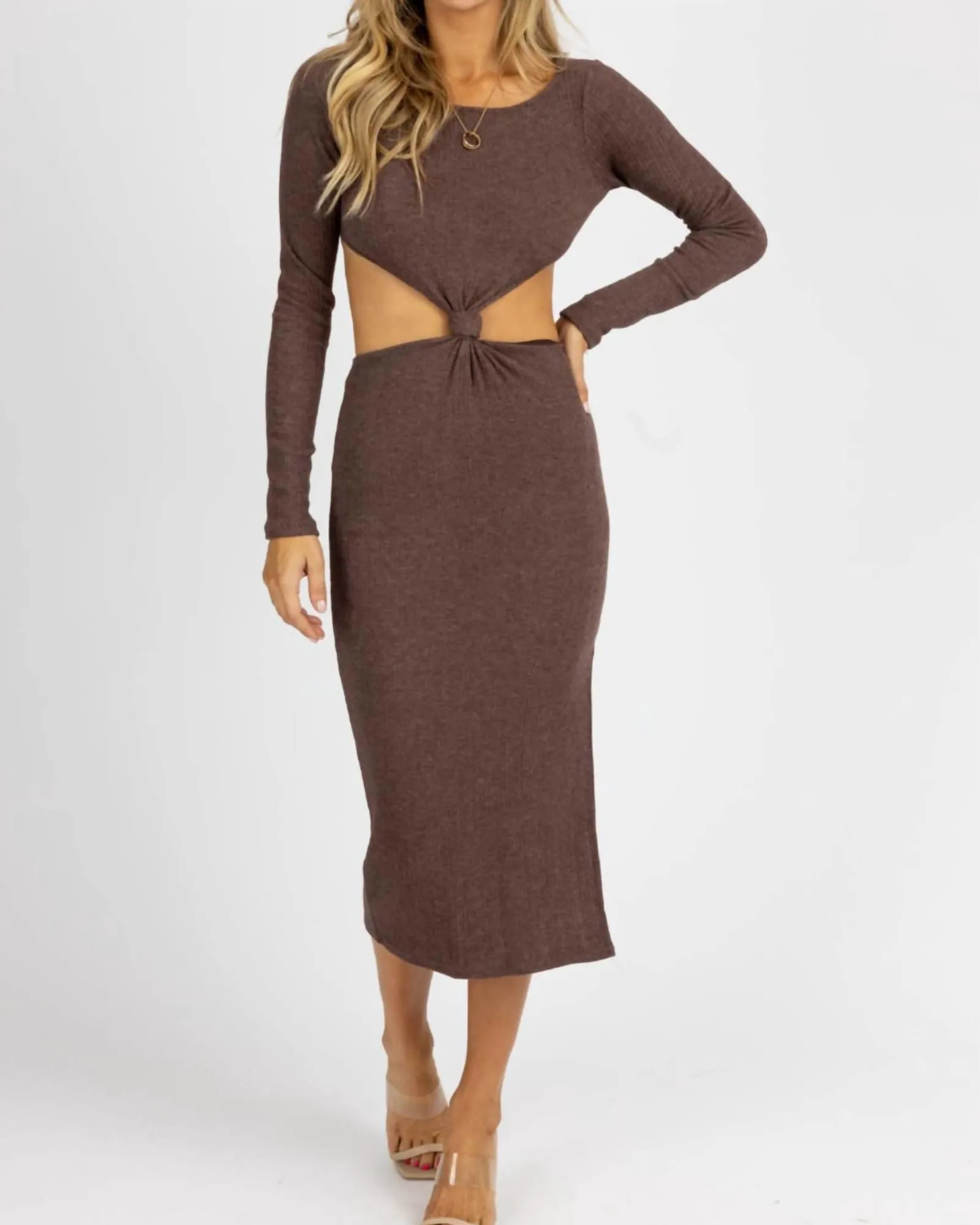 Long Sleeve Front Twist Midi Dress In Chocolate | Chocolate