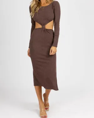 Long Sleeve Front Twist Midi Dress In Chocolate | Chocolate