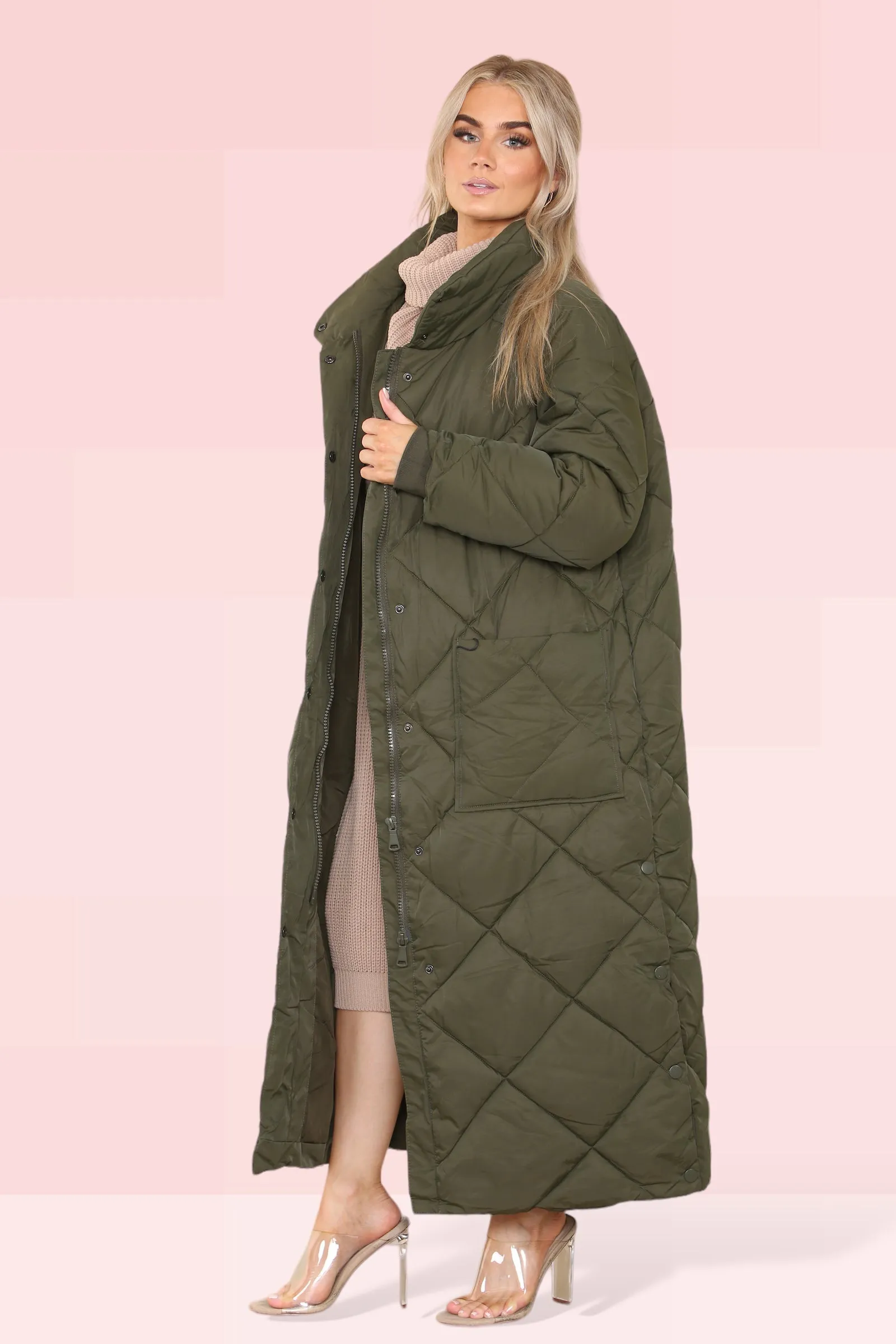 Longline Quilted Coat Khaki