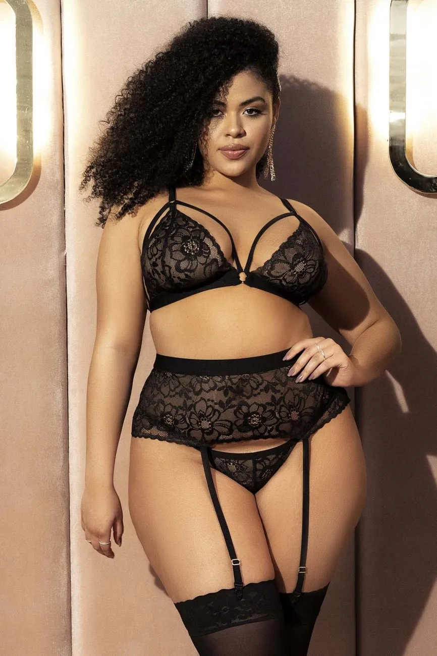 Mapale 8561X Curvy Size Three Piece Lingerie Set Color Black