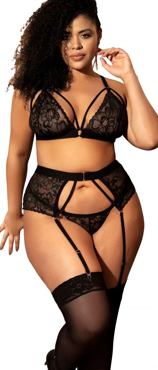 Mapale 8561X Curvy Size Three Piece Lingerie Set Color Black