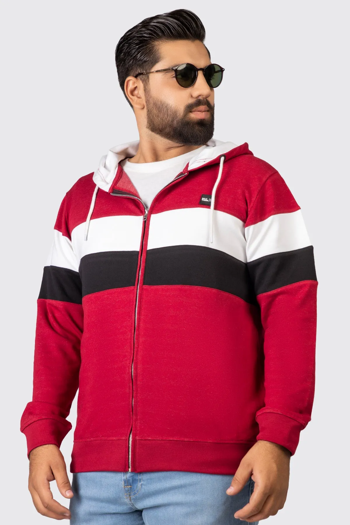 Maroon Tri-Color Zipper Hoodie (Plus Size) - W23 - MH0067P