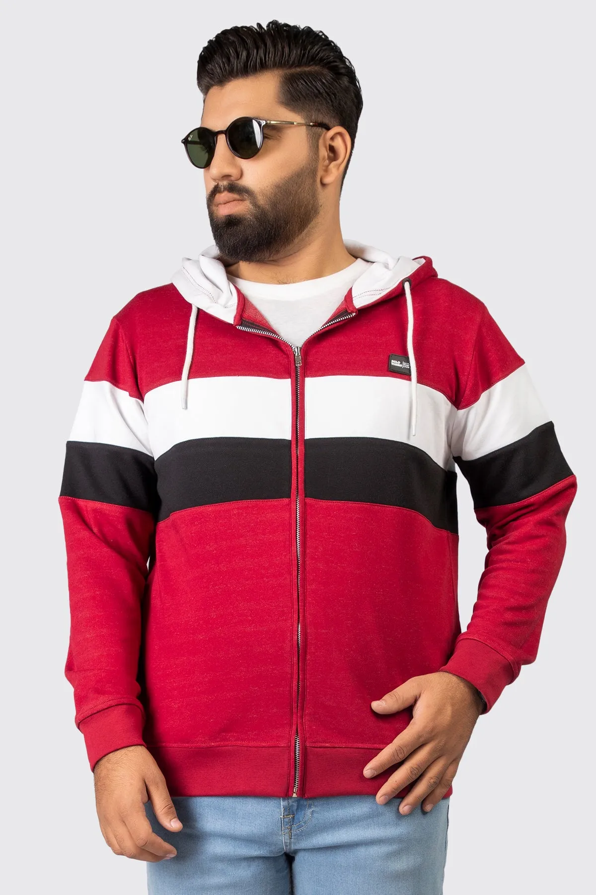 Maroon Tri-Color Zipper Hoodie (Plus Size) - W23 - MH0067P