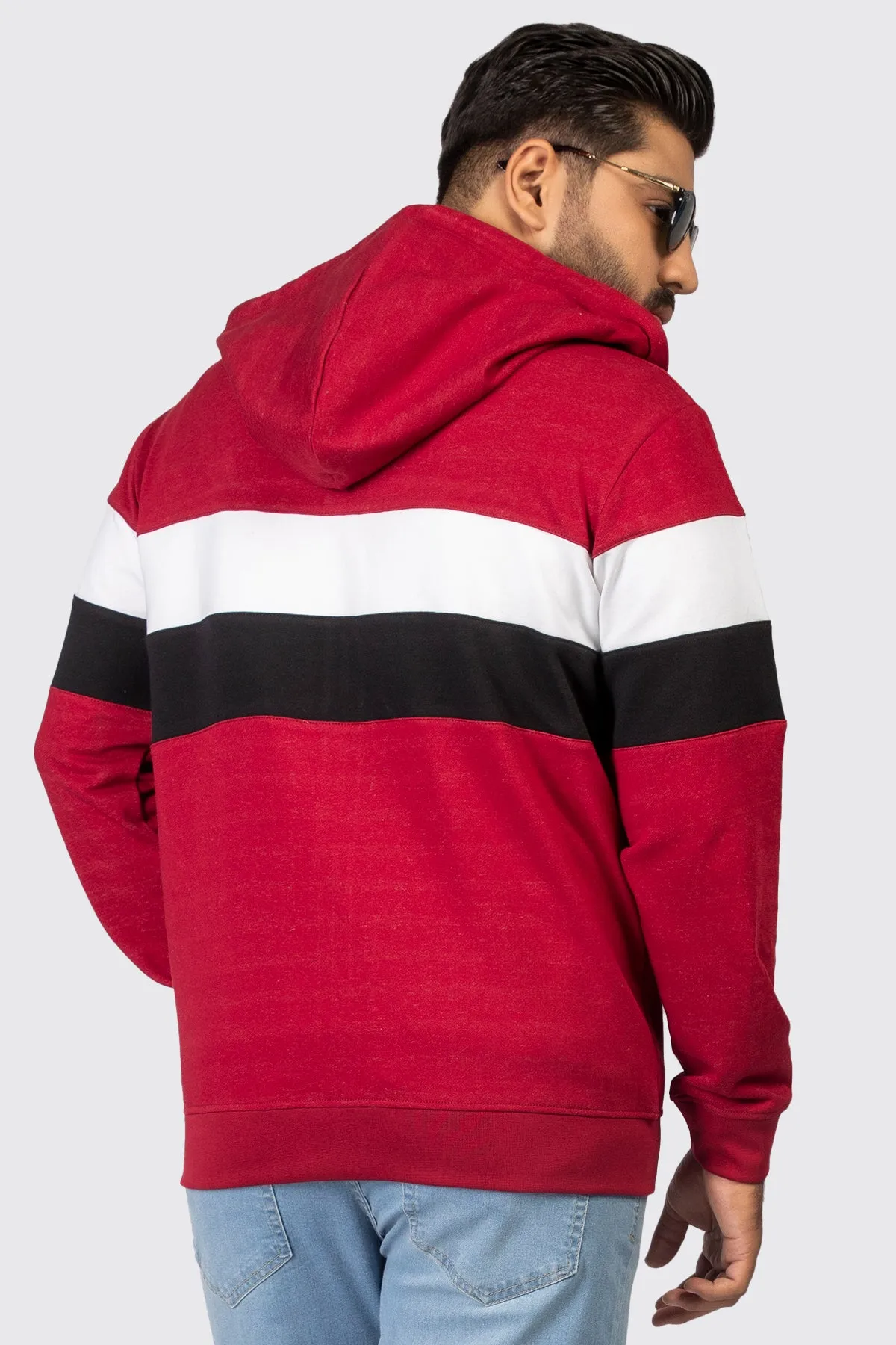 Maroon Tri-Color Zipper Hoodie (Plus Size) - W23 - MH0067P