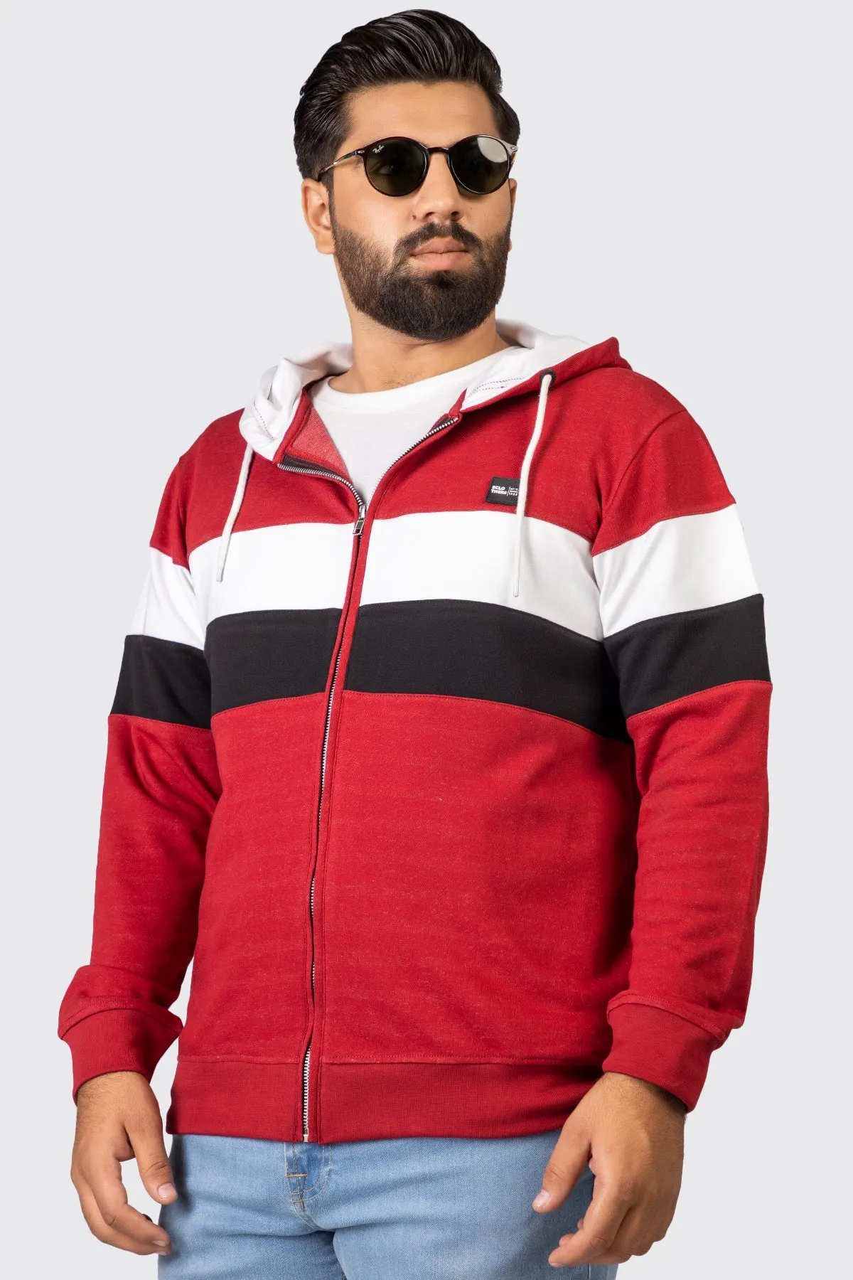 Maroon Tri-Color Zipper Hoodie (Plus Size) - W23 - MH0067P