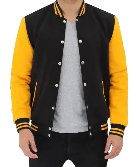 Men's Black and Yellow Wool Varsity Bomber Jacket