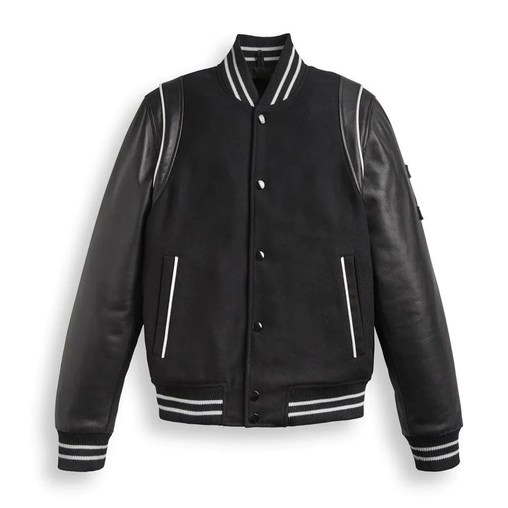 Men's Black Varsity Bomber Leather Jacket With Stripes