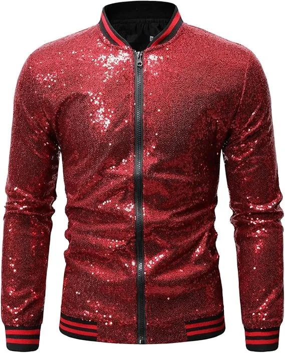 Men's Glitter Sequin Zip Up Blue Bomber Jacket