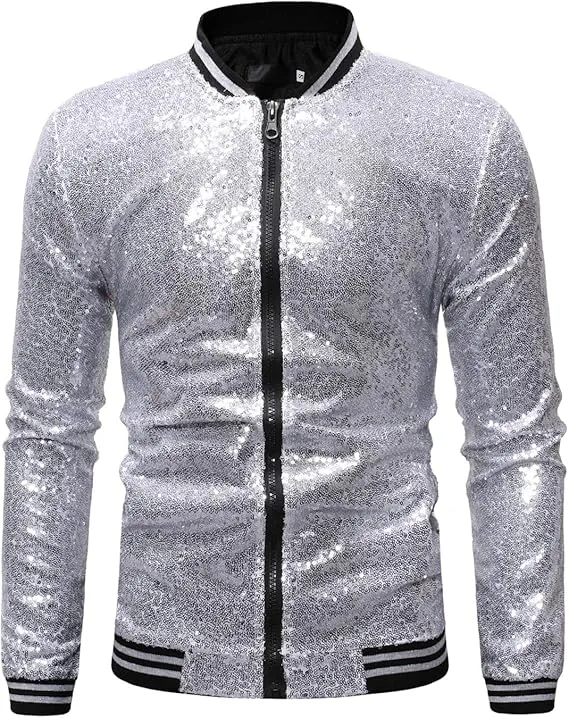 Men's Glitter Sequin Zip Up Blue Bomber Jacket