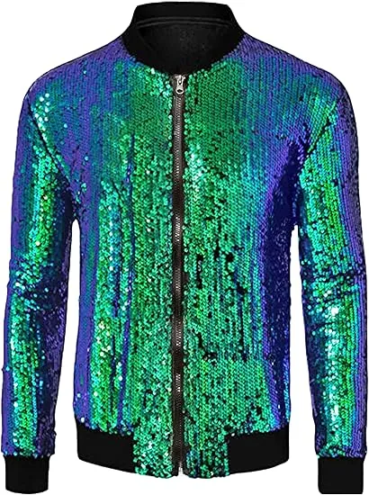 Men's Glitter Sequin Zip Up Blue Bomber Jacket