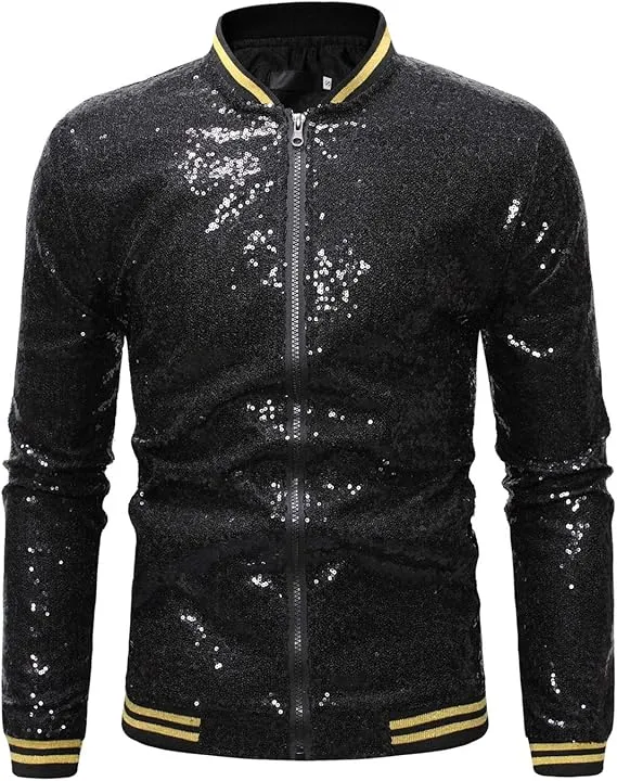 Men's Glitter Sequin Zip Up Blue Bomber Jacket