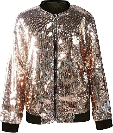 Men's Glitter Sequin Zip Up Blue Bomber Jacket