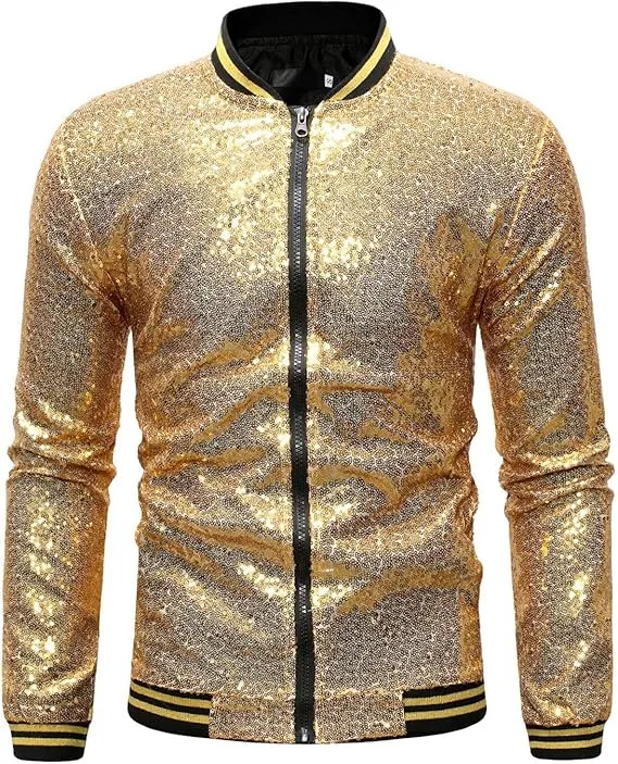 Men's Glitter Sequin Zip Up Blue Bomber Jacket