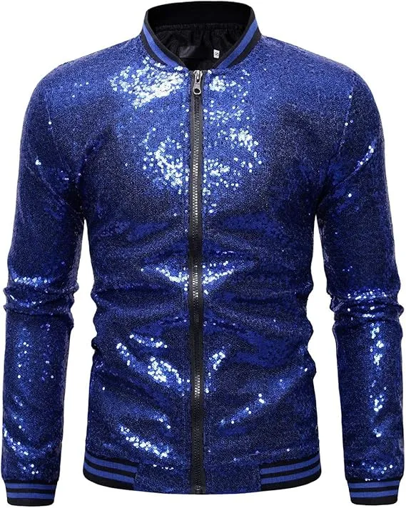 Men's Glitter Sequin Zip Up Gold Bomber Jacket