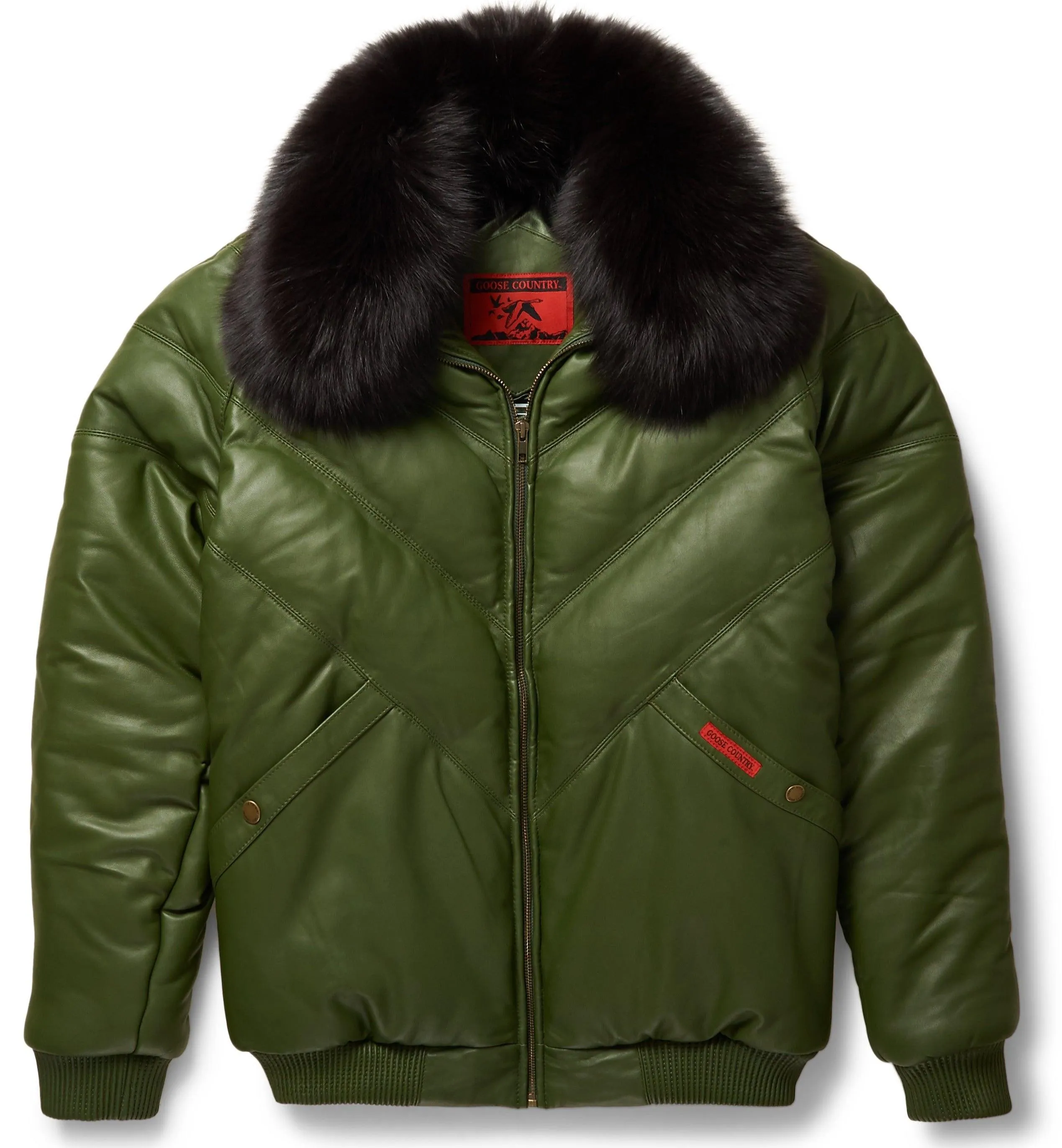 Men's Olive Leather V-Bomber Jacket