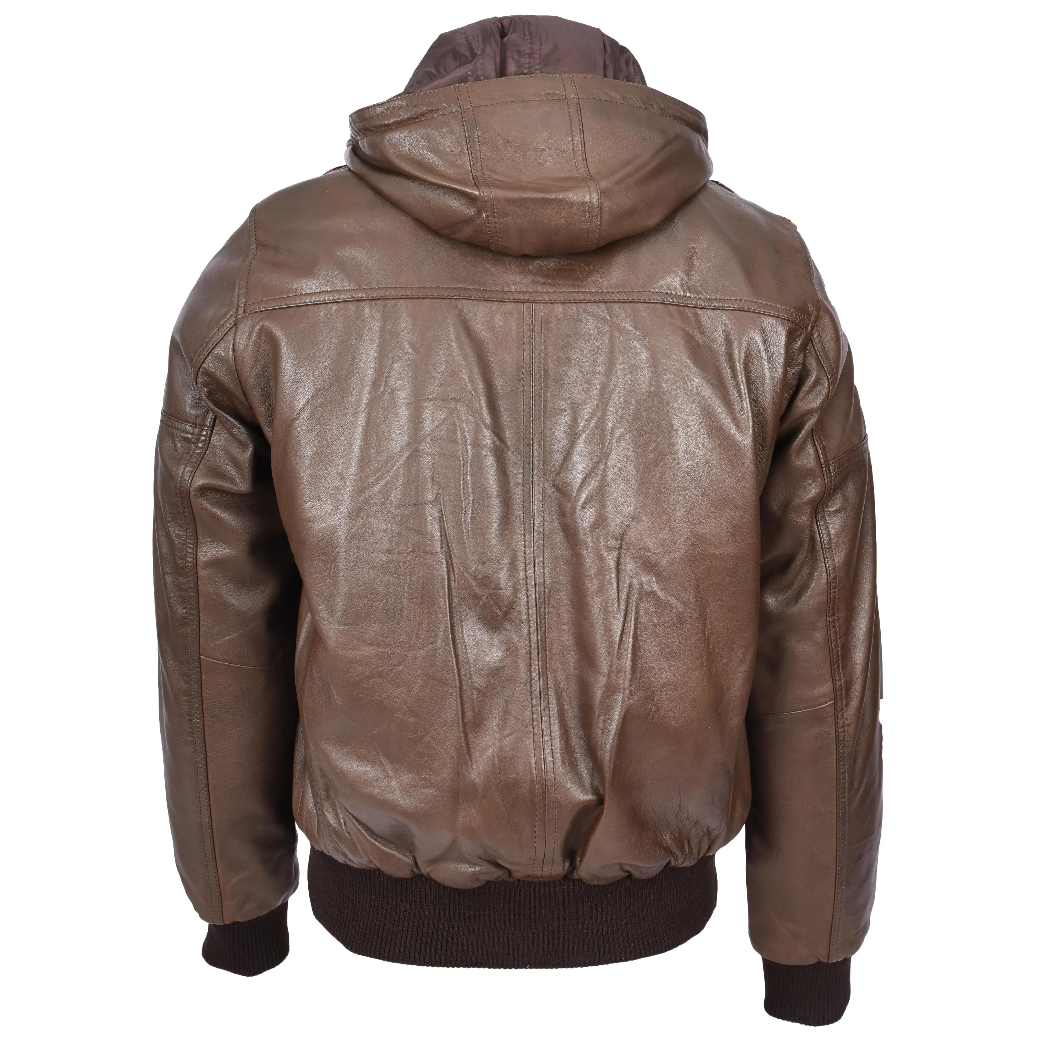 Mens Real Leather Bomber Jacket Trendy Removable Hood Style Reggie Brown