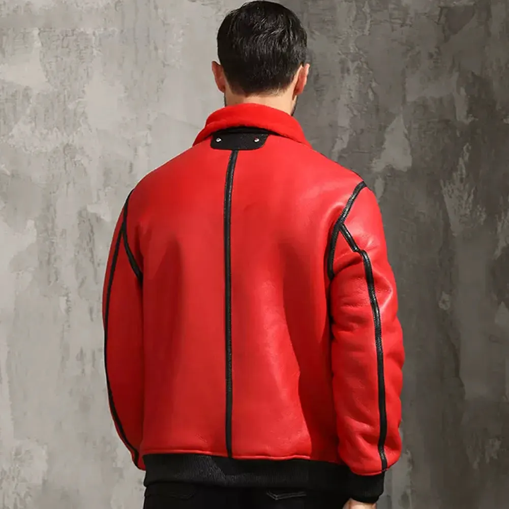 Mens Shearling Aviator Leather Moto Jacket in Red