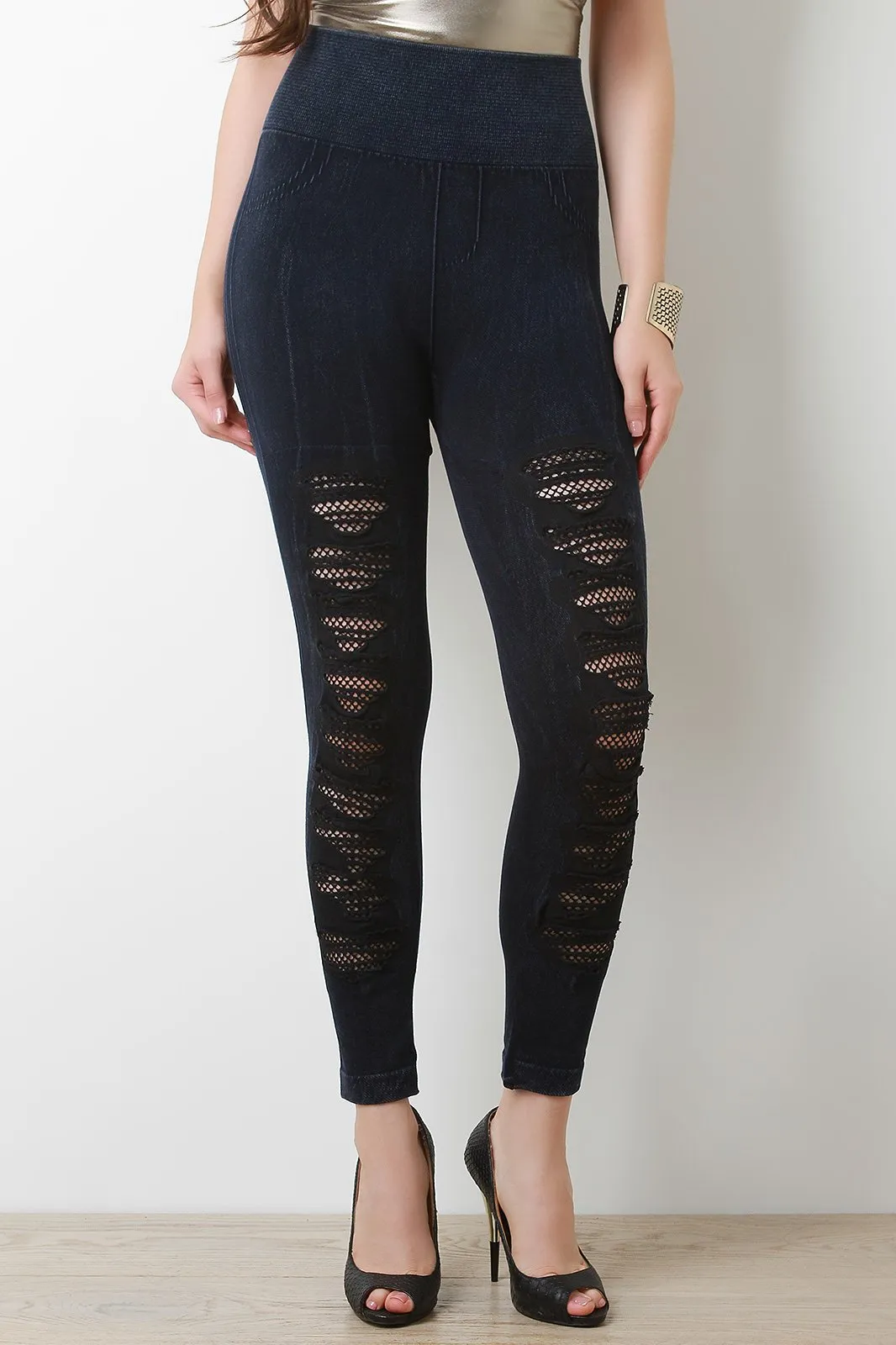 Mineral Wash Distressed Fishnet Insert High Rise Leggings